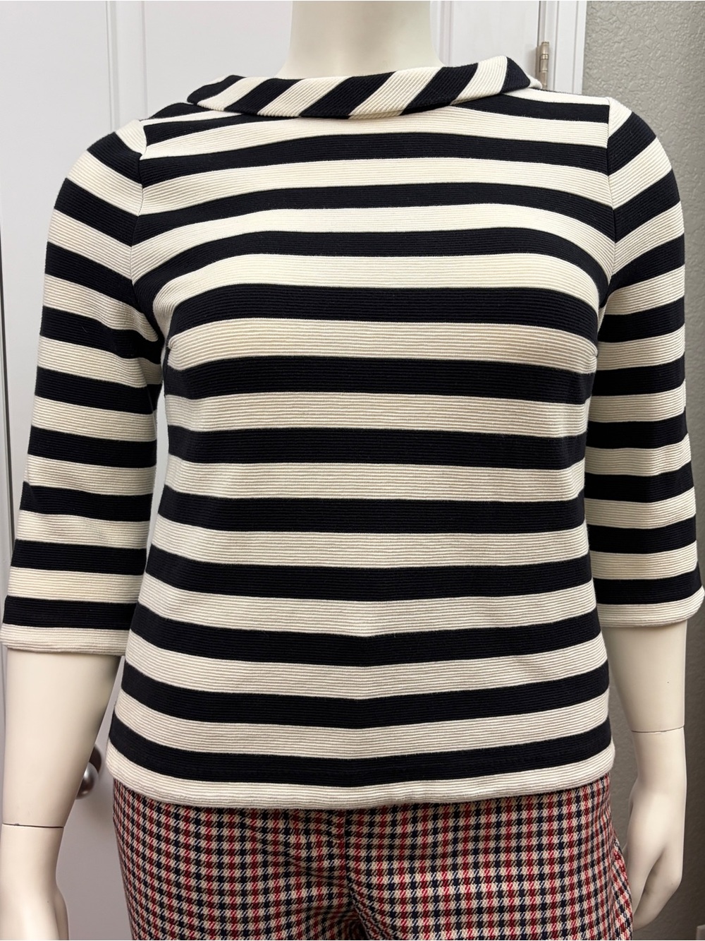 Boden Black Ivory Breton Stripe Peter Pan Collar Ponte Top US 10